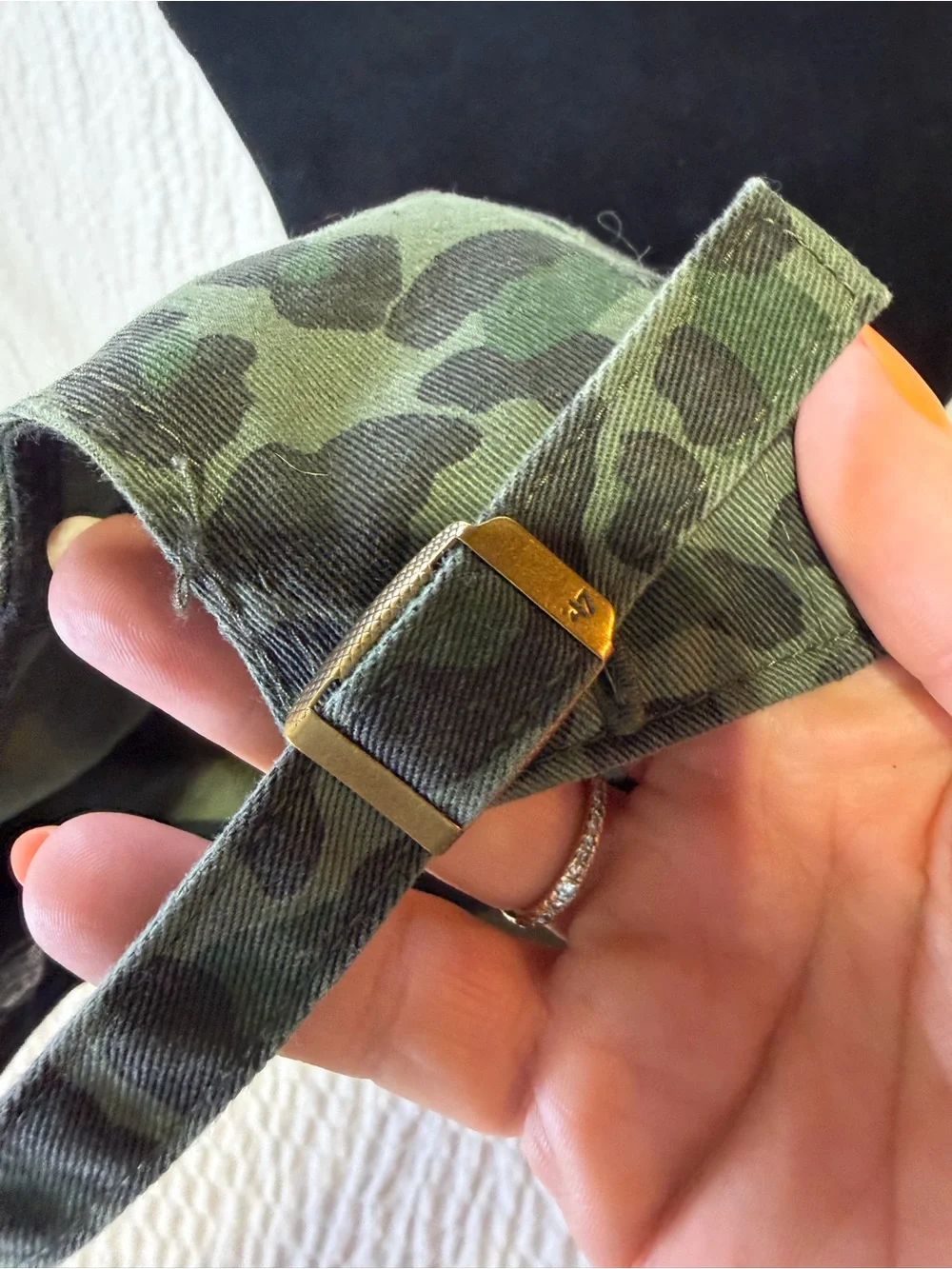 47 Women's Camo Cap with Black and Cream Hawkeye Logo